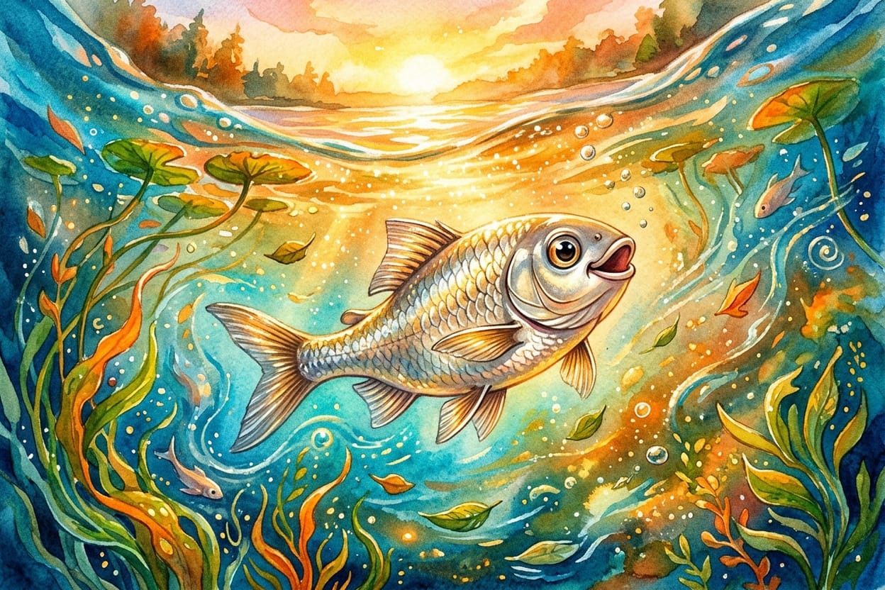 Uma peixinha prateada nadando perto da superfície de um lago iluminado pelo sol