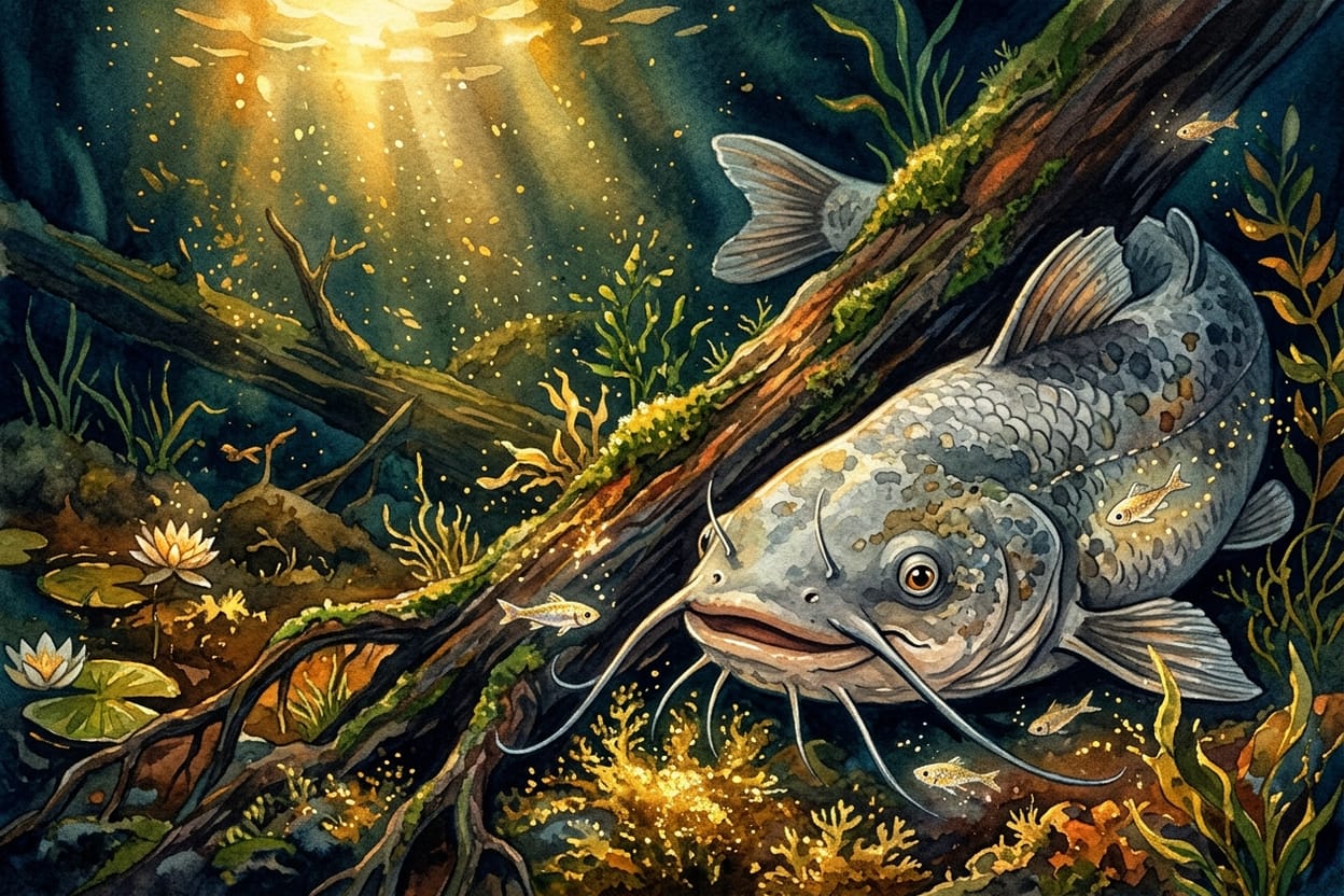 Um bagre velho e cinzento parado junto a um tronco submerso, na parte escura do lago