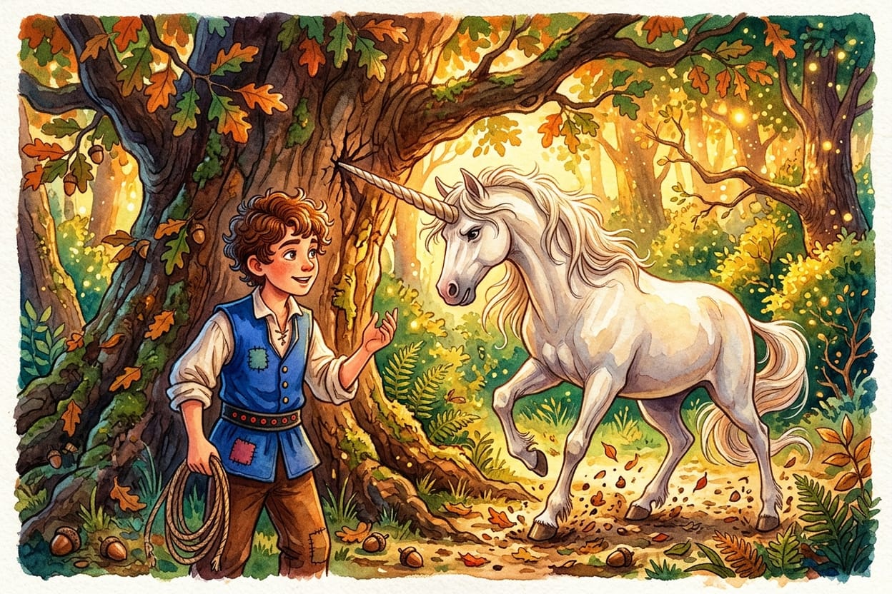 O alfaiate de pé ao lado de um carvalho enorme com o chifre de um unicórnio branco encravado no tronco