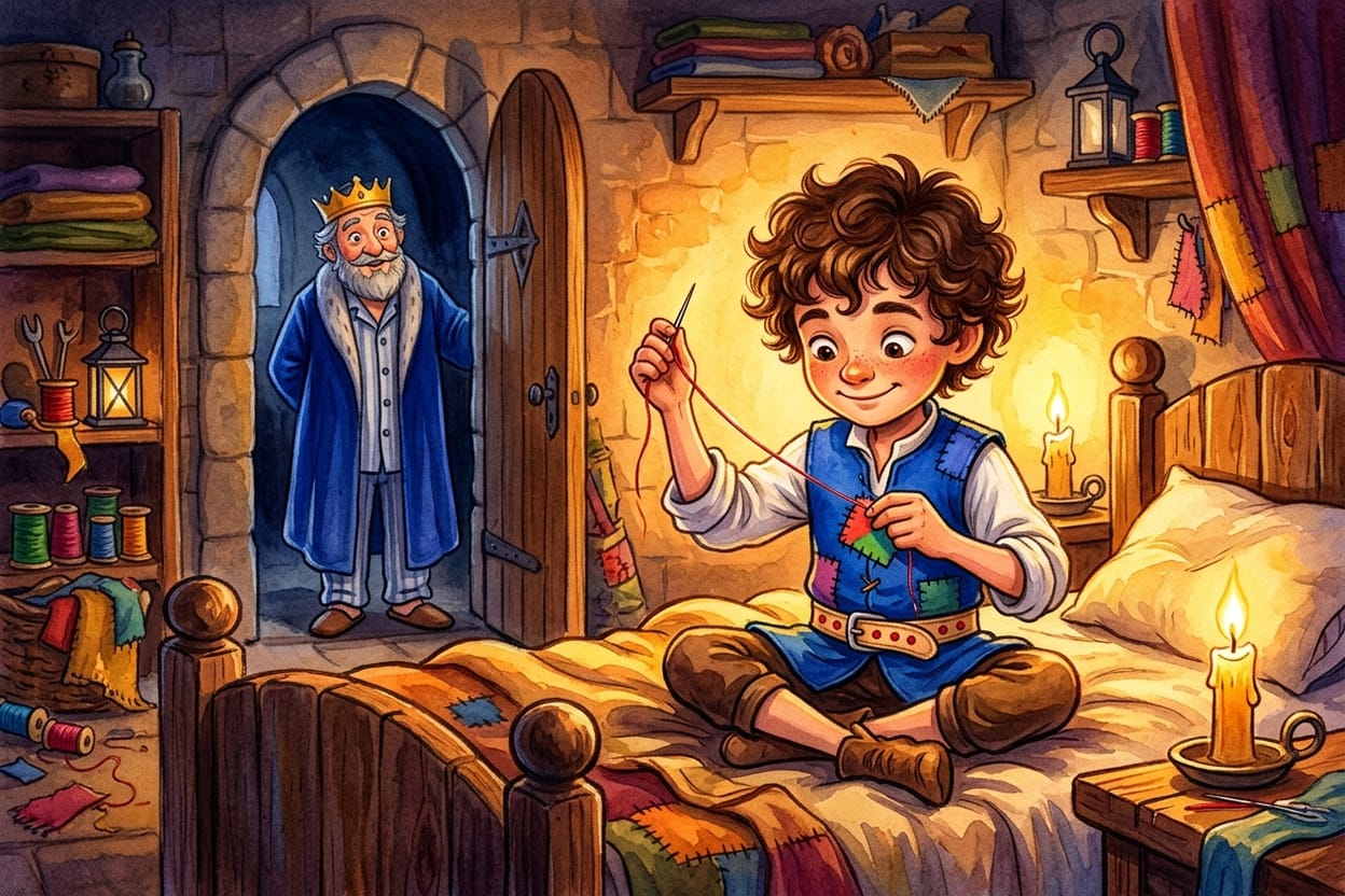 O alfaiate sentado de pernas cruzadas na cama, costurando à luz de vela num quarto de castelo, com o rei parado na porta