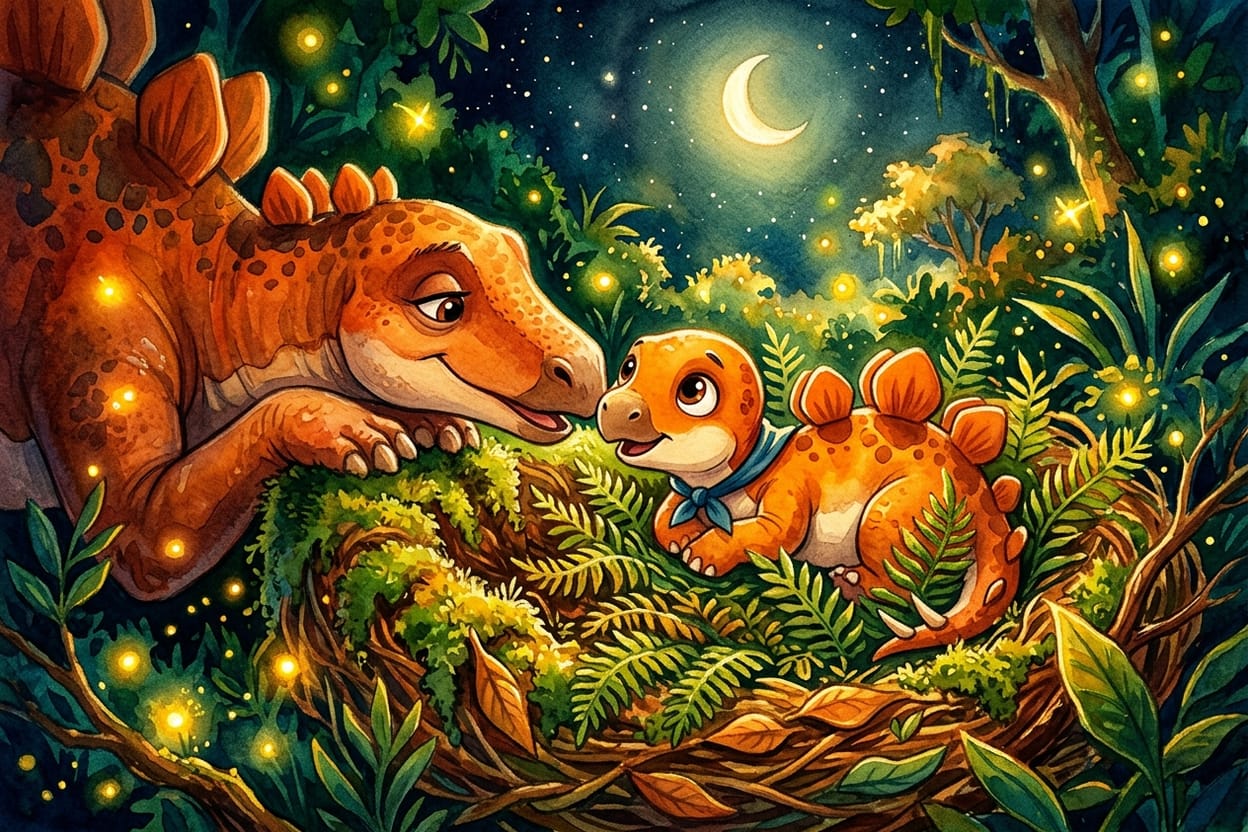 Mãe dinossauro com o queixo apoiado na beirada do ninho contando uma história bem baixinho para o filhote de olhos arregalados