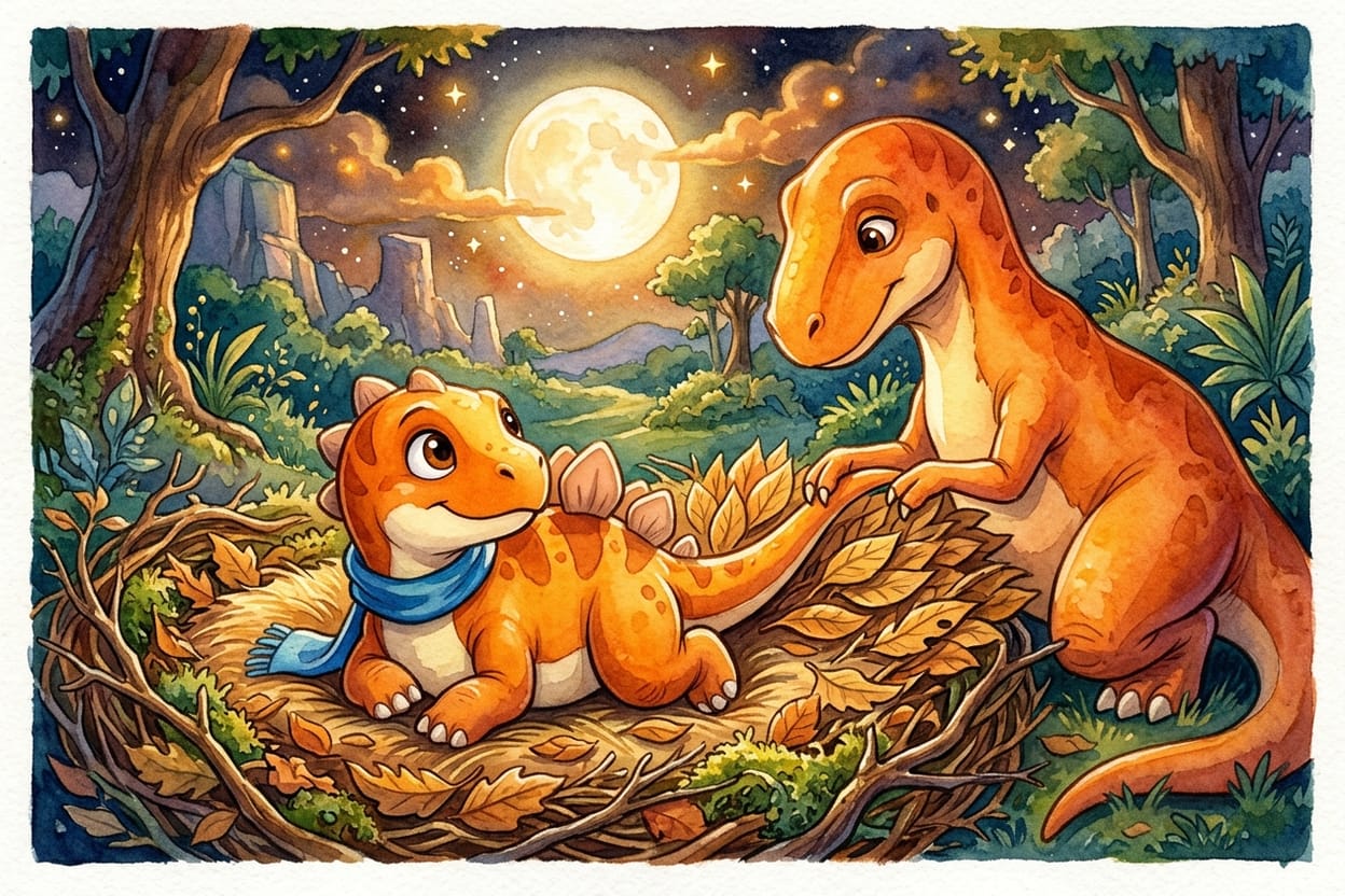 Mãe dinossauro puxando com cuidado o rabo do filhote até deixá-lo esticado e reto sobre as folhas do ninho