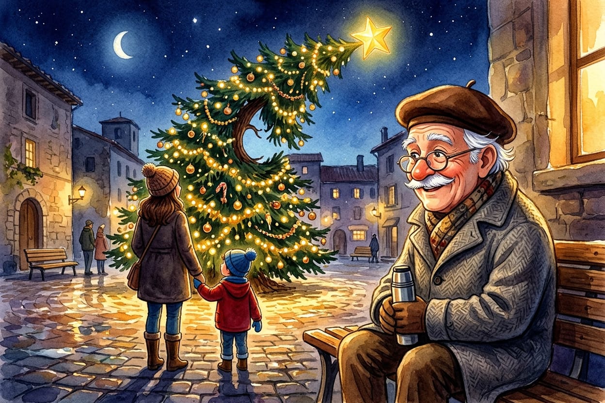 Mãe e filho de mãos dadas diante da árvore iluminada à noite