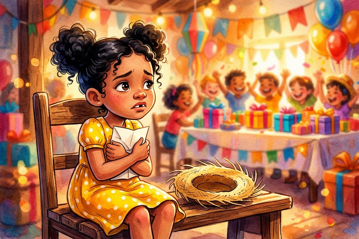 A menina segura um papelzinho dobrado junto ao peito e olha de longe, desanimada, para a mesa cheia de presentes brilhantes