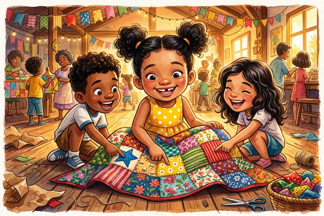 A colcha de retalhos coloridos aberta no colo da menina, com duas crianças agachadas perto apontando os quadradinhos