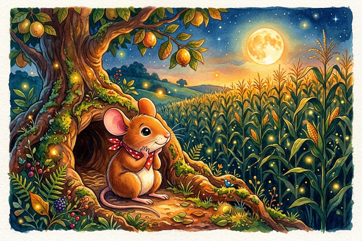 Ratinho do campo sentado na porta redonda da toca embaixo do pé de goiaba, escutando o milharal iluminado pela lua