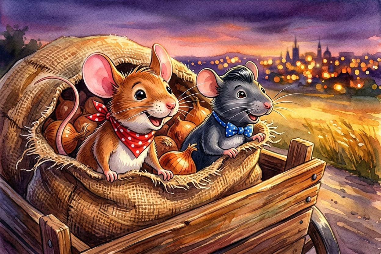 Os dois ratinhos espiando pela boca de um saco de cebola numa carroça, com as luzes da cidade aparecendo ao longe