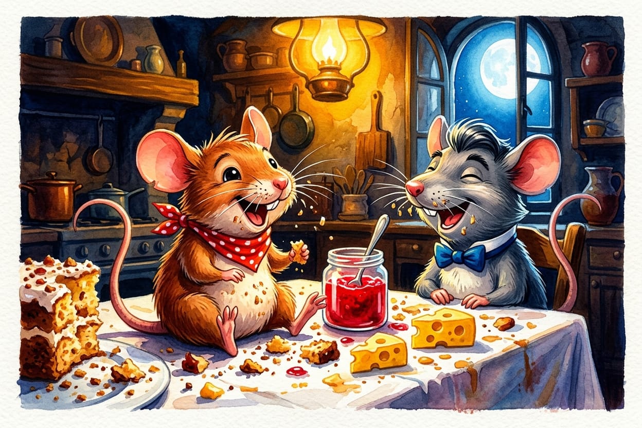 Os dois primos em cima da toalha branca da mesa, entre migalhas de bolo, cubos de queijo e um pote de geleia aberto