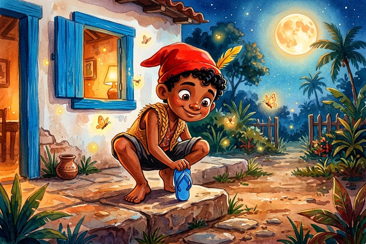 O saci de carapuça vermelha deixando um chinelo azul de criança no degrau de uma casa, sob luz de lua