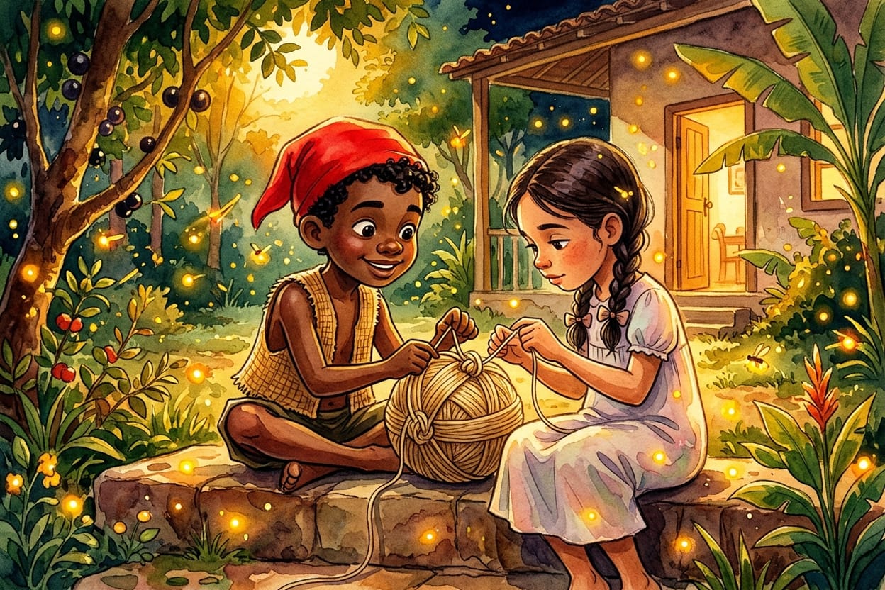 O saci de carapuça vermelha e uma menina de oito anos sentados lado a lado num degrau, desembolando devagar um novelo de linha de pipa, com vaga-lumes em volta