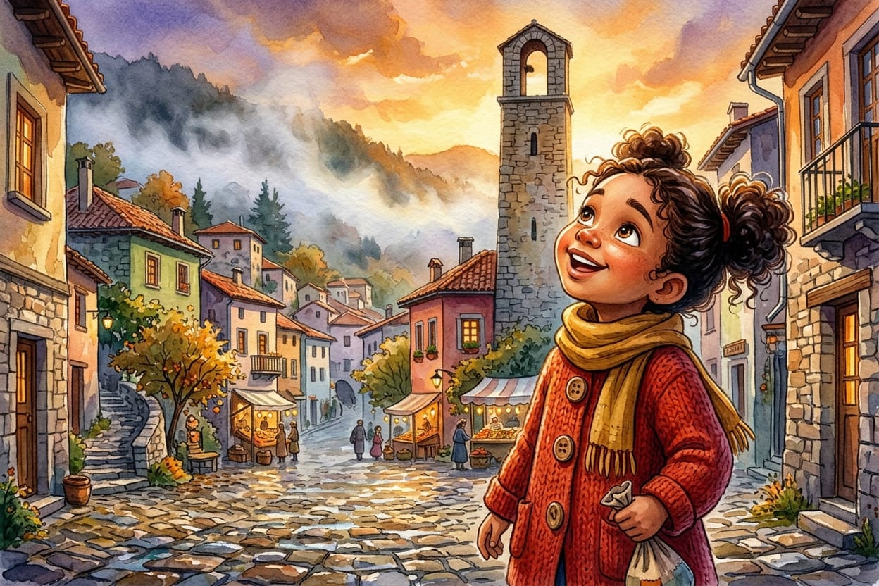 Uma menina de casaco vermelho e cachecol amarelo parada sozinha no meio da praça, olhando para o alto de uma torre de pedra na neblina do fim de tarde