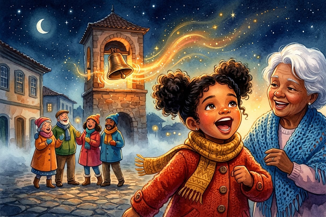 A praça da vila à noite, iluminada de dourado, com moradores de casaco cantando embaixo da torre enquanto o grande sino de bronze balança no arco