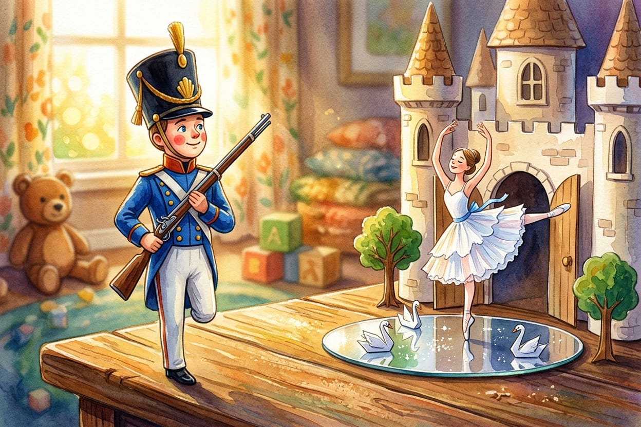 Um soldadinho de chumbo de uma perna só olhando de longe uma bailarina de papel na porta de um castelo de papel