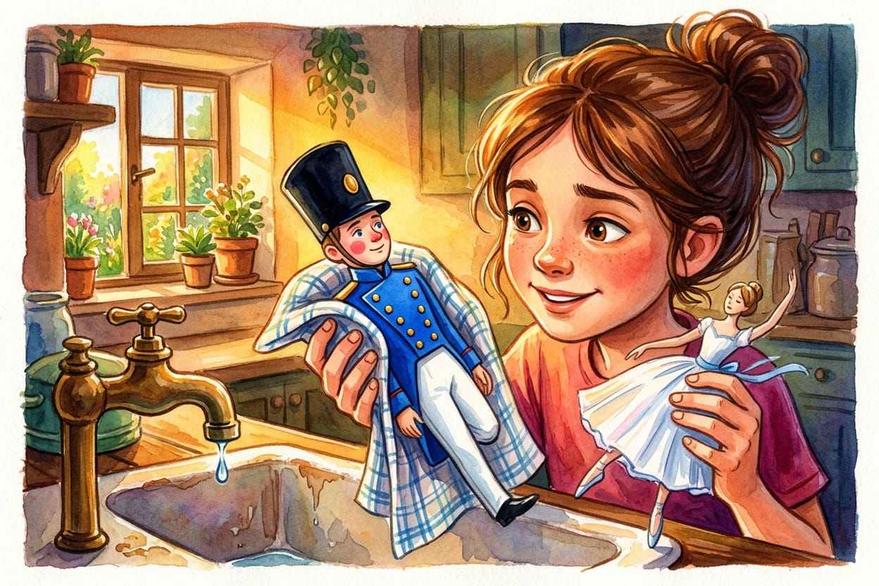 Uma menina segurando um soldadinho de chumbo de uma perna só num pano de prato e uma bailarina de papel na outra mão, ao lado da pia da cozinha