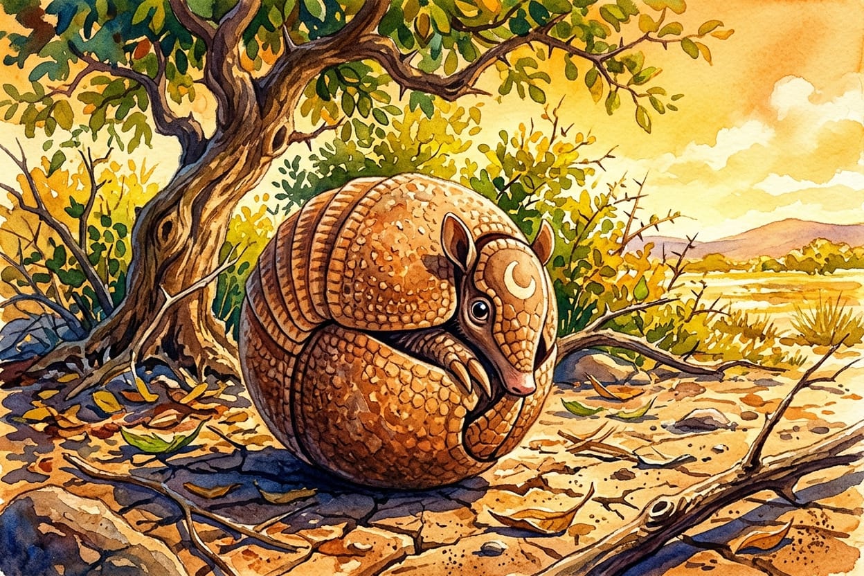 Um tatu-bola pequeno enrolado numa bola perfeita sobre a terra rachada, à sombra de um juazeiro retorcido