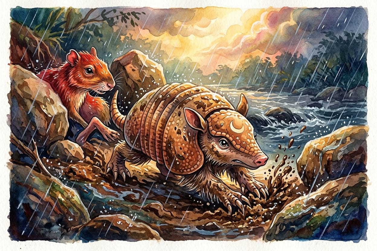 Um tatu desenrolado e coberto de barro cavando com as garras na terra molhada sob a chuva para soltar a pata da cutia presa entre duas pedras