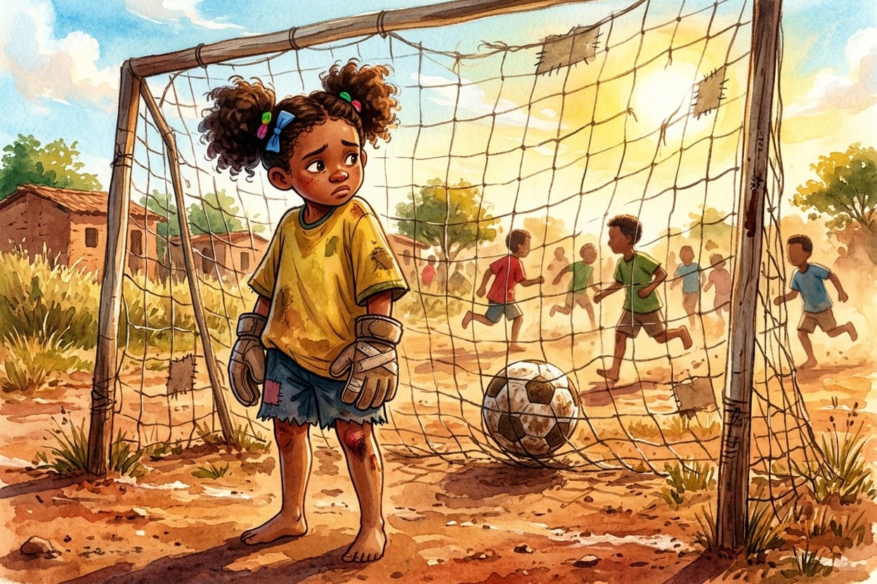 Menina goleira de camisa amarela grande e luvas remendadas parada dentro do gol, ombros caídos, olhando a bola entrar de novo