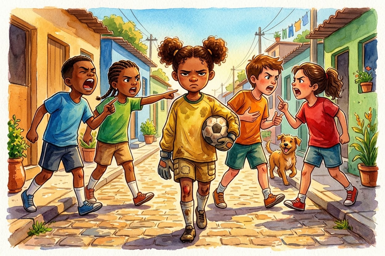 Crianças voltando do jogo pela rua discutindo e apontando o dedo umas para as outras, a goleira calada no meio