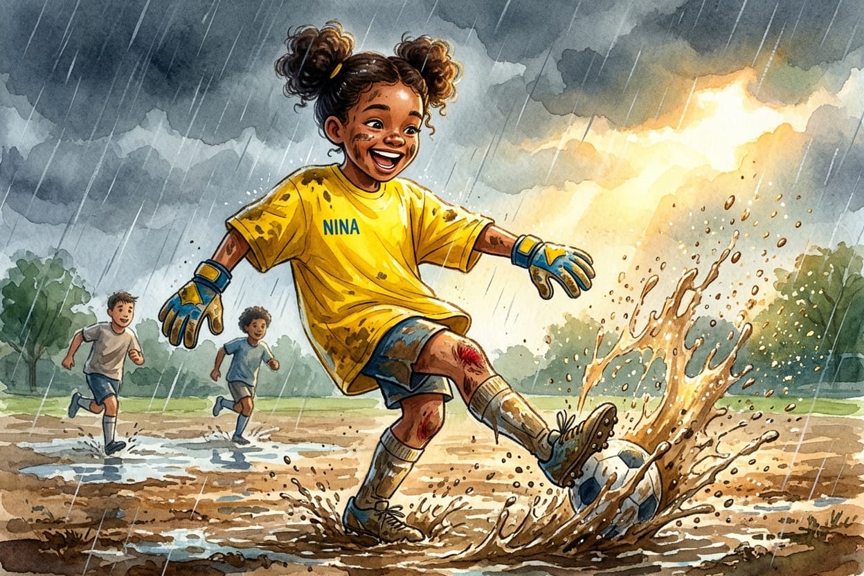 Crianças treinando na chuva num campo de terra virado lamaçal, a goleira rindo com lama até o joelho