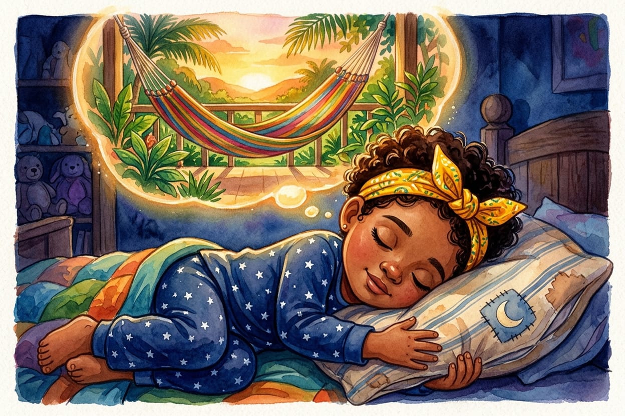 Uma menina de pijama azul dormindo abraçada a um travesseiro listrado, sonhando com uma rede que balança numa varanda ao vento