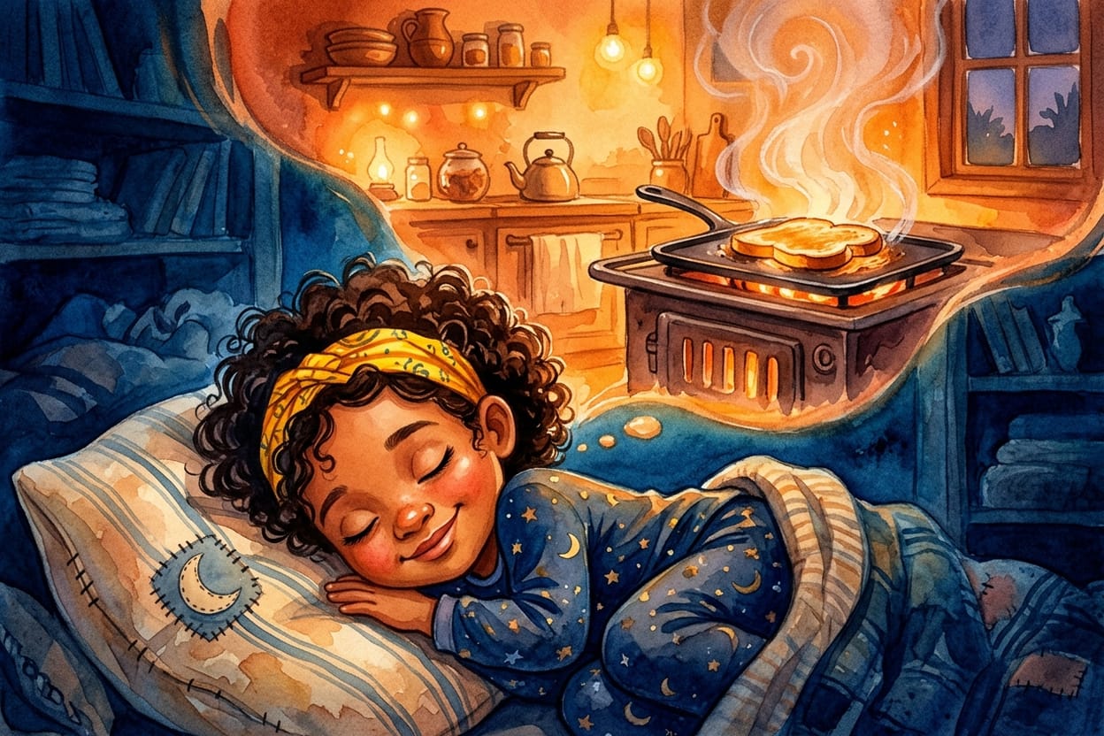 Uma menina pequena dormindo profundamente, sonhando com uma cozinha de madrugada onde alguém prepara pão na chapa