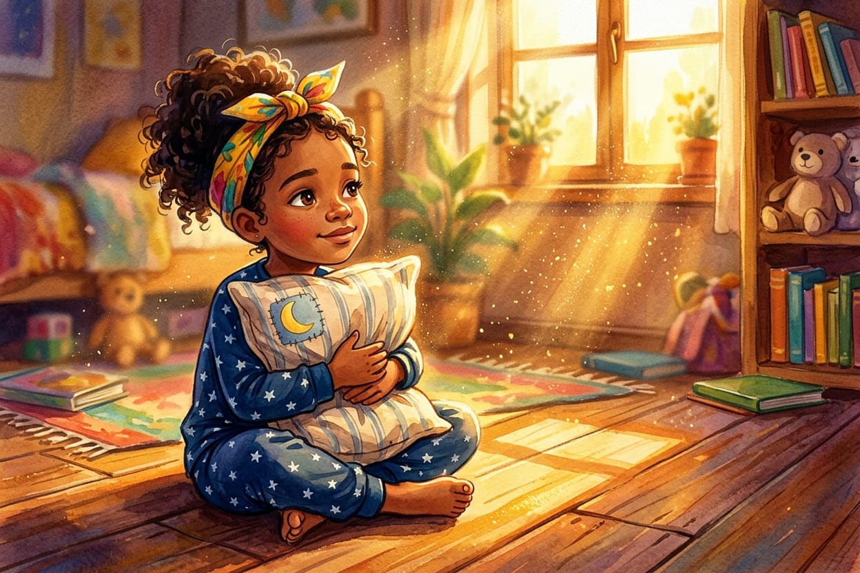 Uma menina sentada no chão do quarto ao sol da tarde, com poeirinha dourada dançando na luz que entra pela janela