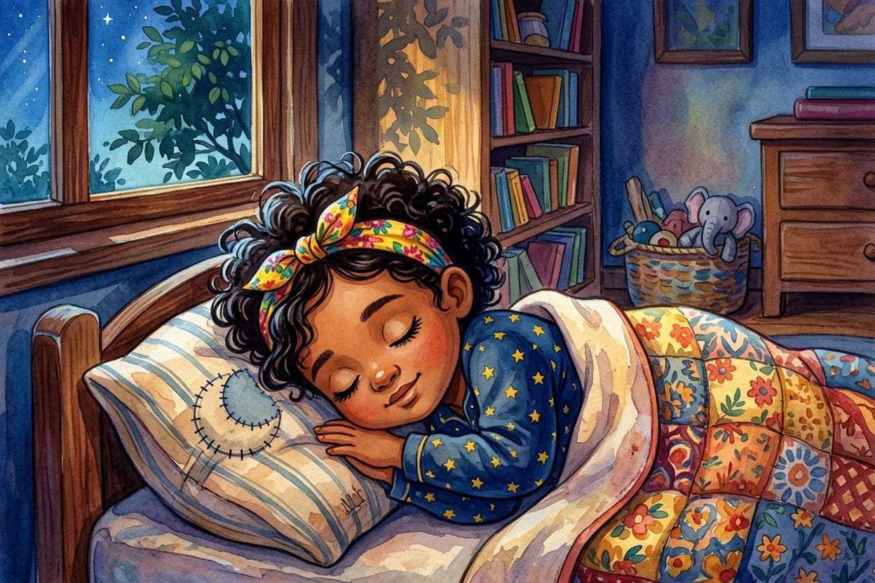 Uma menina dormindo de lado com o queixo encostado no remendo de lua do travesseiro, o quarto silencioso sob a luz azulada da noite