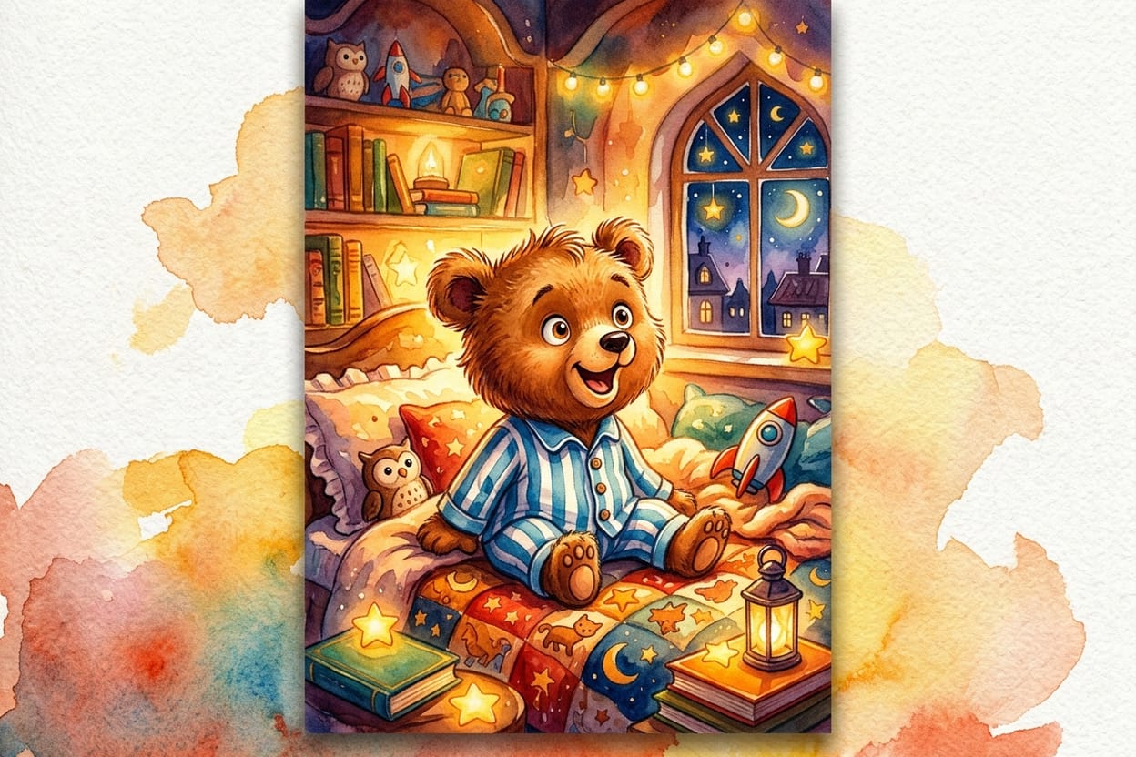 Um ursinho de pijama listrado sentado na cama, olhando ao redor com cara de espanto