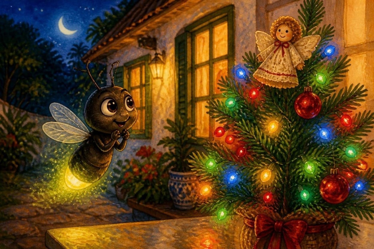 Um vaga-lume pequeno parado no ar diante de uma varanda à noite, olhando encantado para uma árvore de Natal enfeitada com luzinhas coloridas piscando