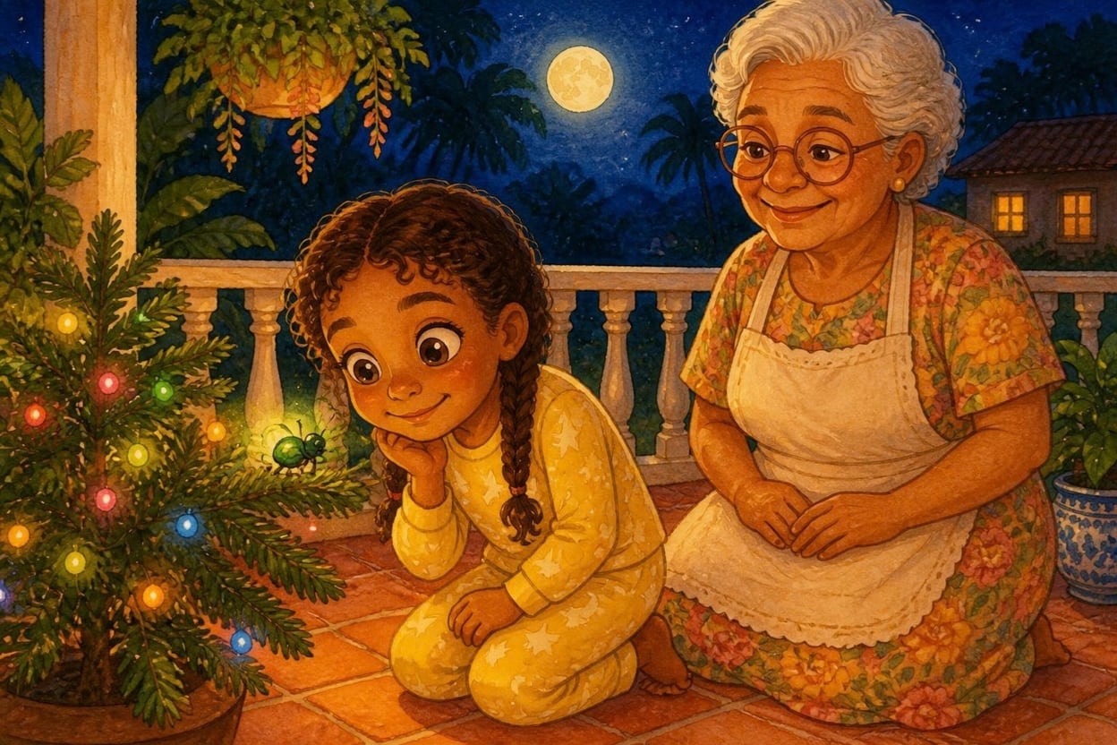 Uma menina de seis anos com tranças, de pijama, ajoelhada na varanda com o rosto perto de um galho da árvore de Natal, observando um vaga-lume aceso entre as luzinhas, enquanto a avó sorri ao lado
