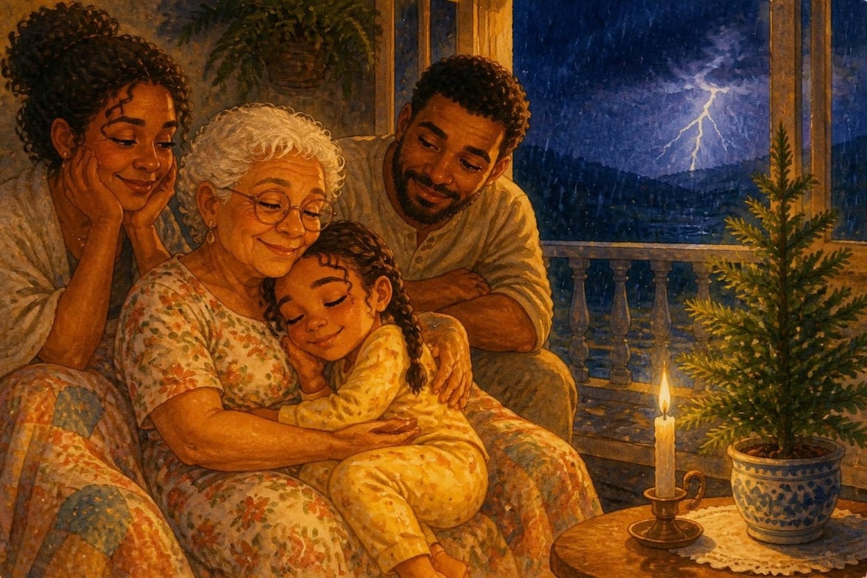 A varanda escura numa noite de chuva forte, com a árvore de Natal apagada, a família reunida perto da janela e uma menina abraçada à avó, iluminadas só pelo clarão de um relâmpago distante