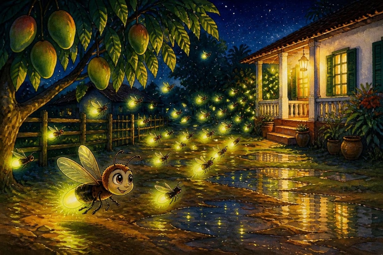 Dezenas de vaga-lumes chegando em fila pelo quintal molhado à noite, voando por cima das poças e entre os galhos de uma mangueira em direção à varanda da casa