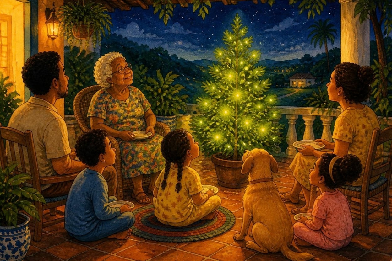A família reunida na varanda à noite, sentada em cadeiras e no chão com pratos no colo, todos olhando em silêncio para a árvore de Natal toda acesa por vaga-lumes de luz verde-amarelada