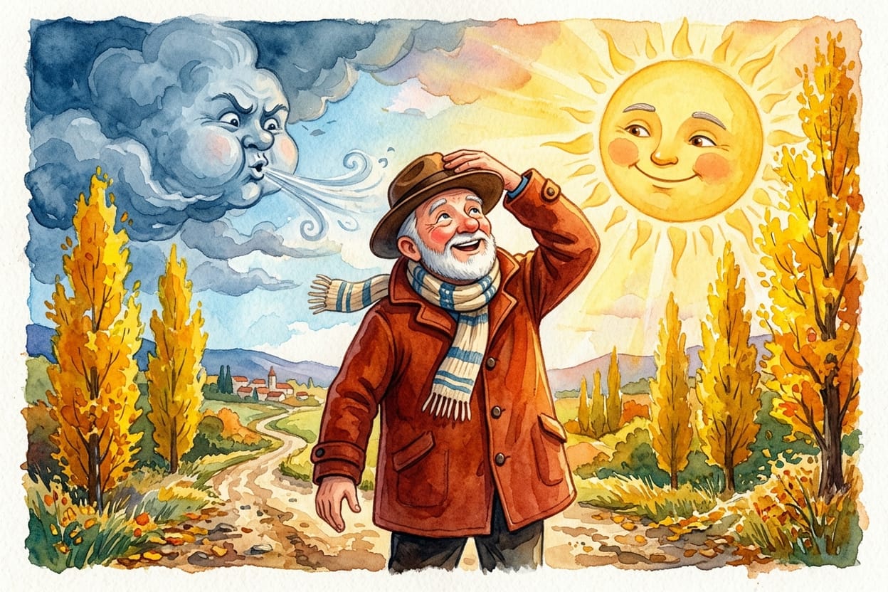 O senhor de casaco cor de telha fechado até o pescoço, pequeno lá embaixo na estrada de terra, com nuvens escuras se juntando de um lado do céu e luz dourada do outro