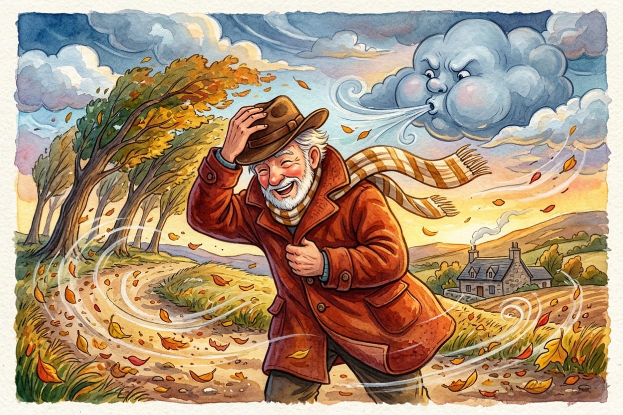 O senhor curvado contra a ventania, segurando o chapéu com uma mão e apertando o casaco cor de telha com a outra, folhas amarelas voando ao redor