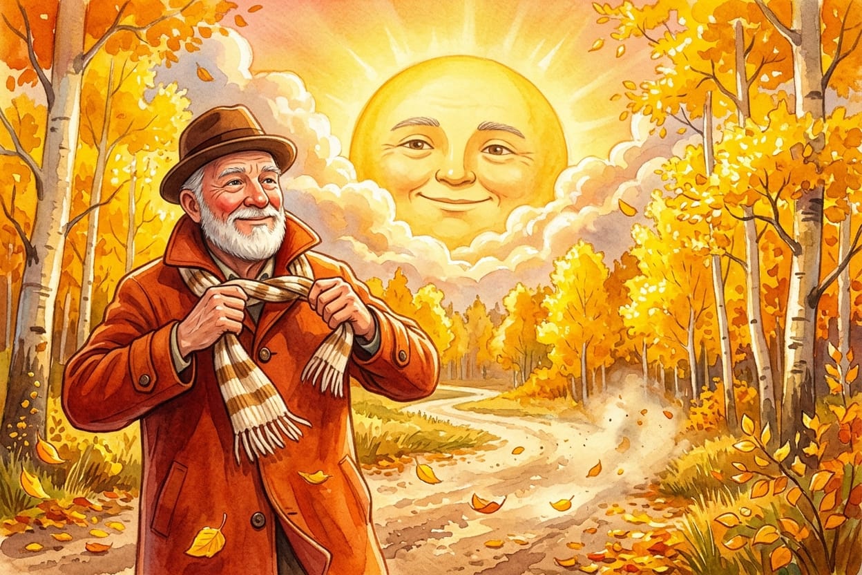 O senhor parado na estrada abrindo o botão de cima do casaco, com o sol dourado brilhando atrás dele e a poeira baixando