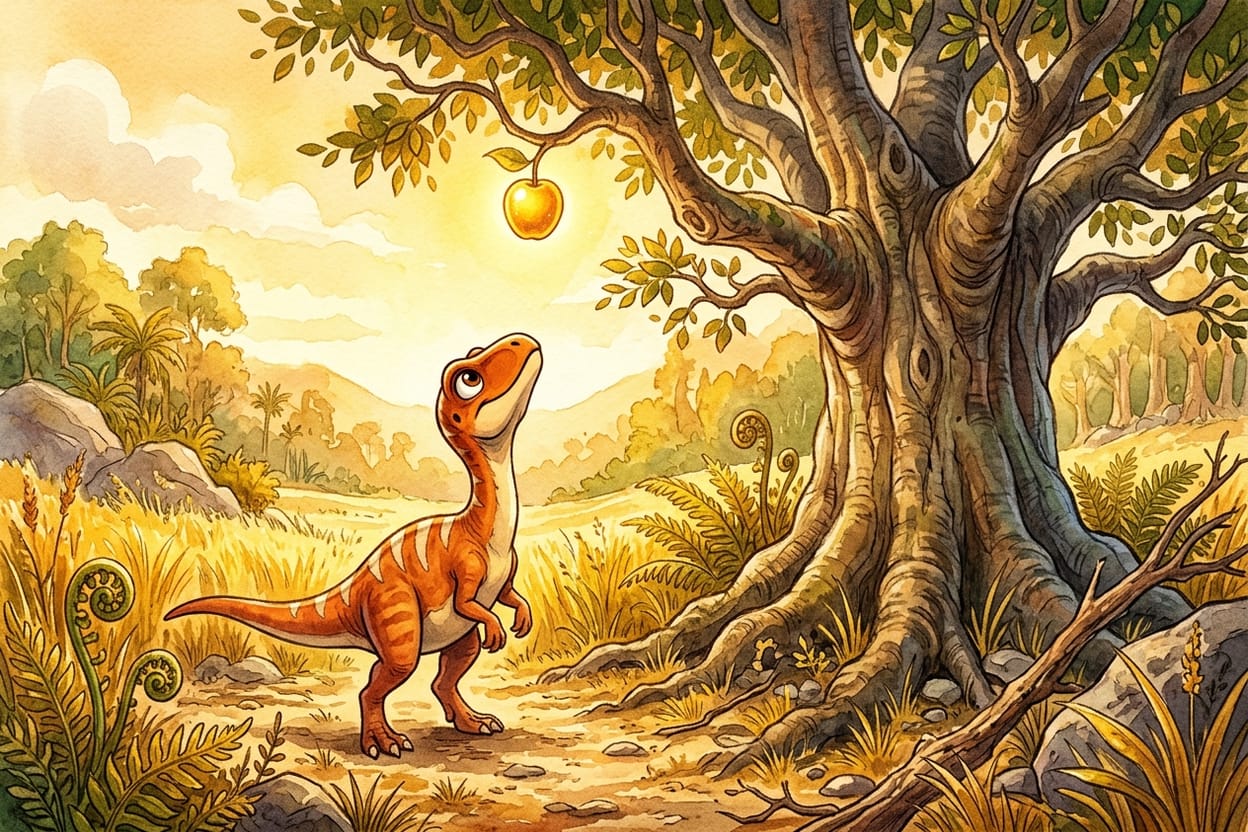 Uma dinossaura pequena de listras creme olha para cima, para uma fruta dourada no galho mais alto de uma figueira enorme