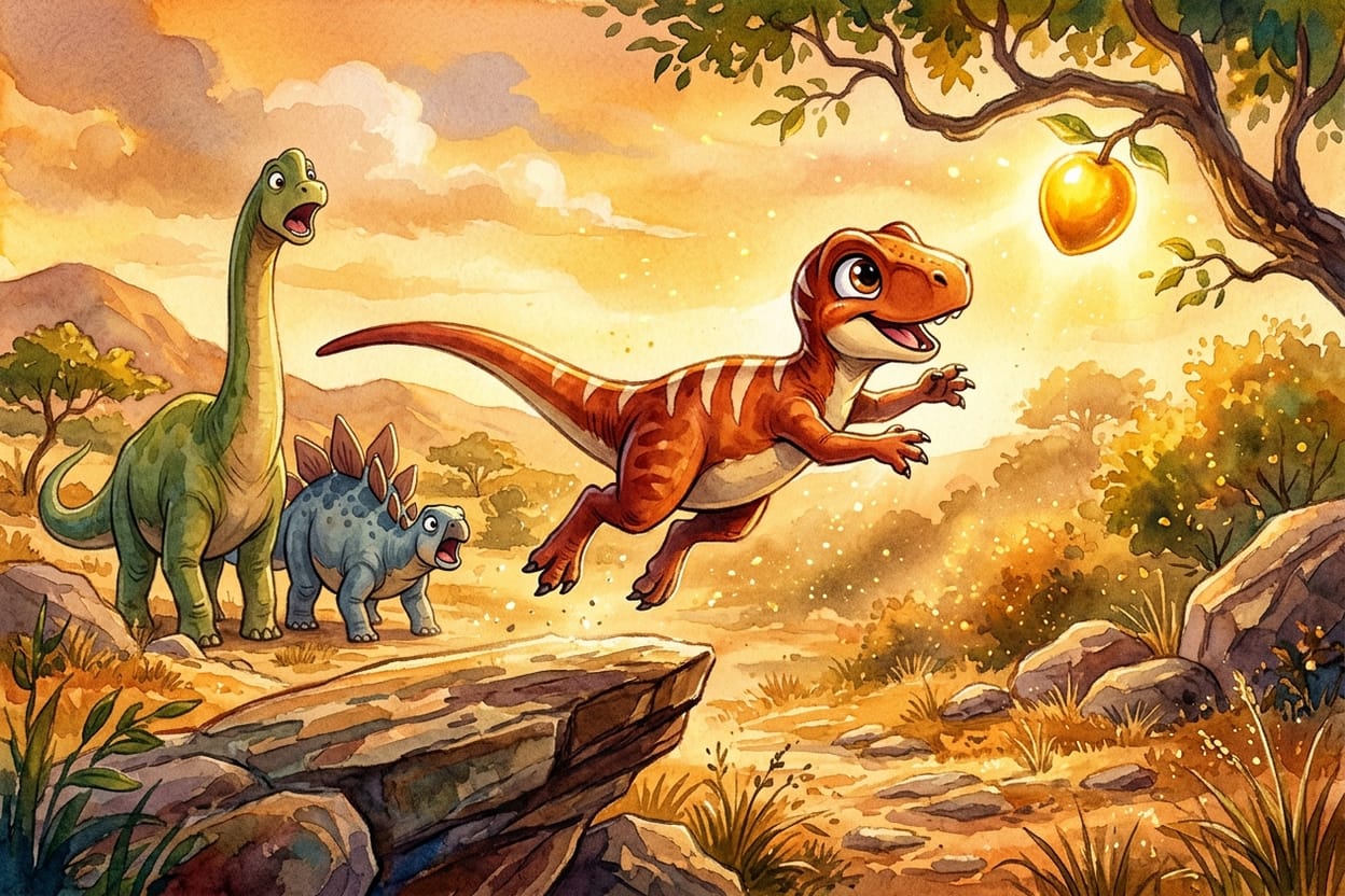 A dinossaura pequena salta do alto de uma pedra com as quatro patas no ar, enquanto uma dinossaura de pescoço comprido e um dinossauro de placas assistem