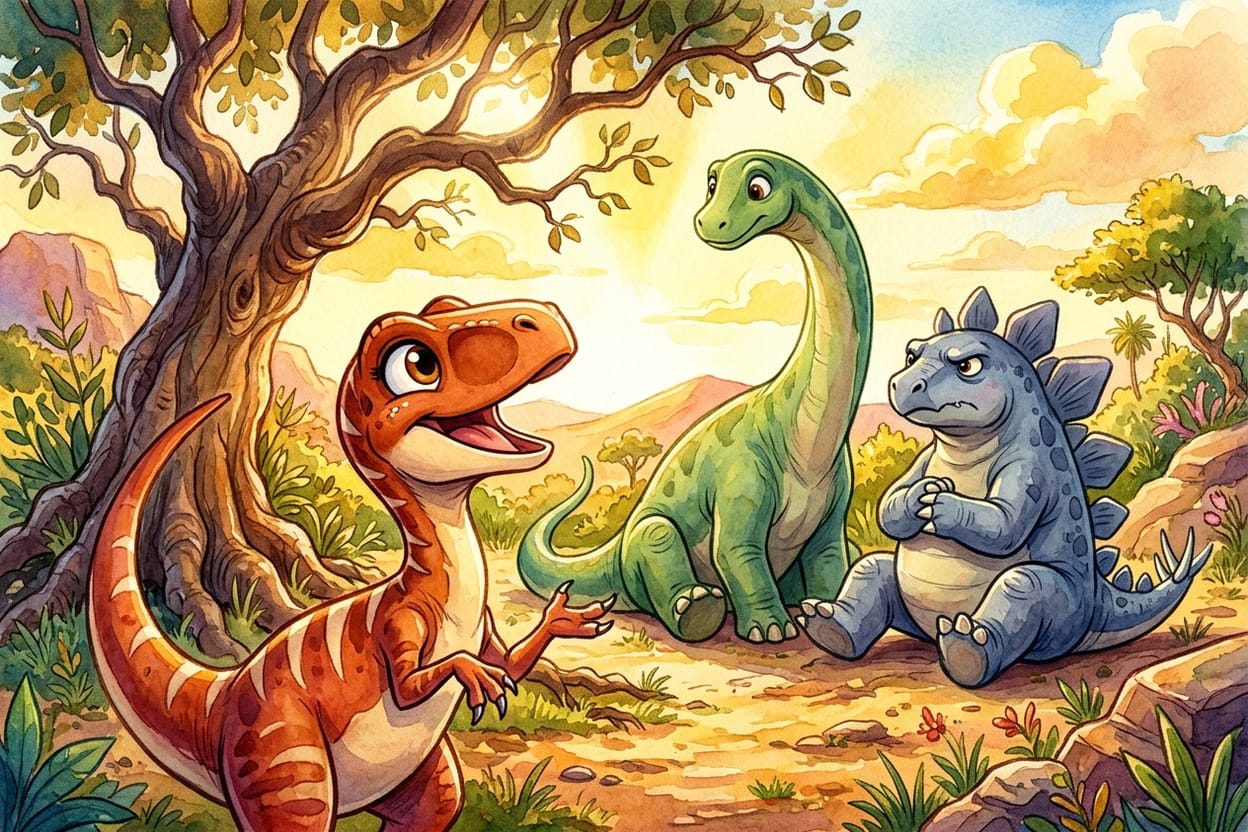 A dinossaura pequena de listras creme aponta o focinho para o alto explicando um plano para os outros dois dinossauros na sombra de uma árvore seca