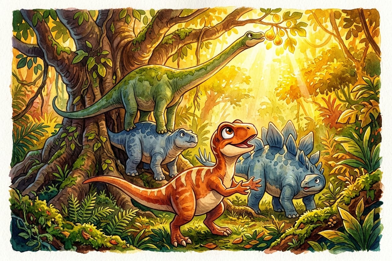 Uma dinossaura de pescoço comprido em pé sobre as costas de um dinossauro de placas alcança a fruta dourada, com a dinossaura pequena esperando no chão