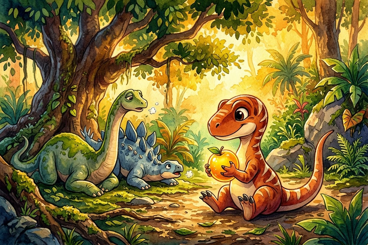 A dinossaura pequena de listras creme segura a fruta dourada entre as patas da frente e olha para os outros dois dinossauros