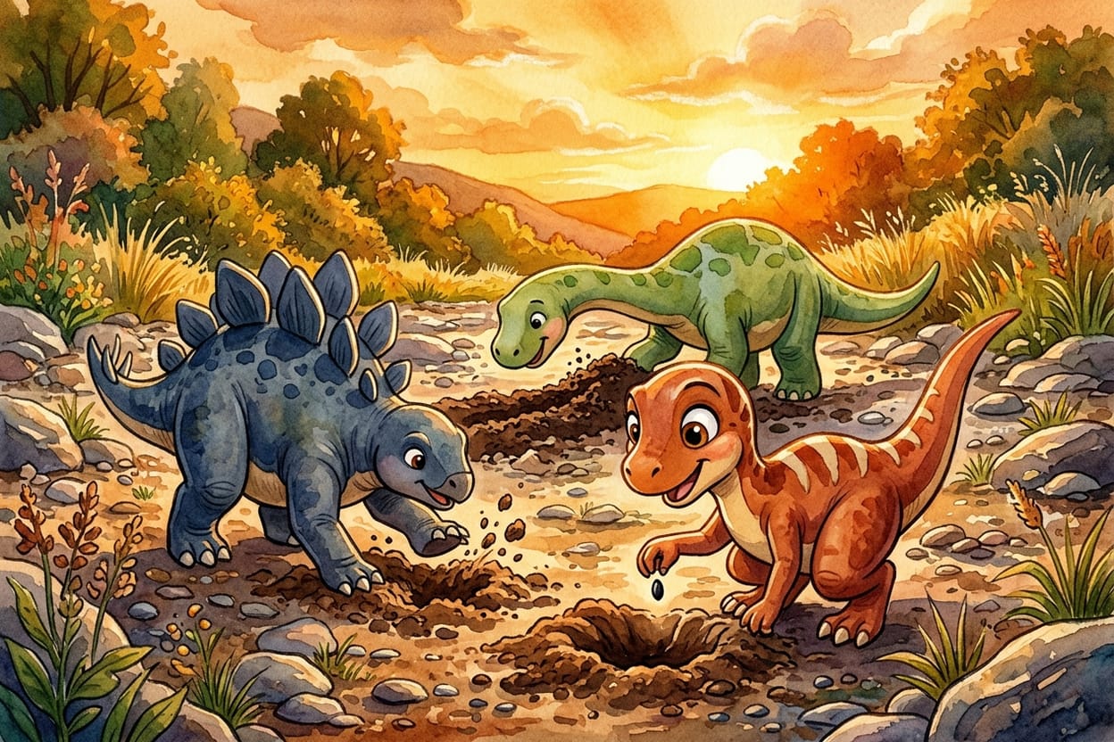 Os três dinossauros plantam sementes pretas no leito seco de um riacho sob a luz baixa e alaranjada do fim da tarde