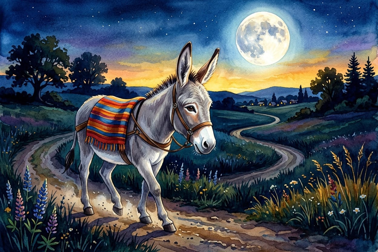 Um burro velho de cobertor listrado caminhando sozinho por uma estrada de terra sob a lua