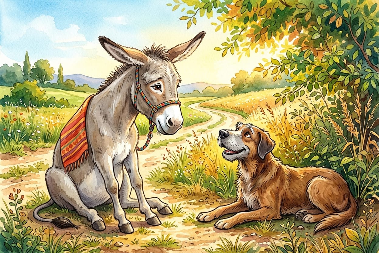 Um burro velho de cobertor listrado e um cão grande e grisalho lado a lado na beira da estrada