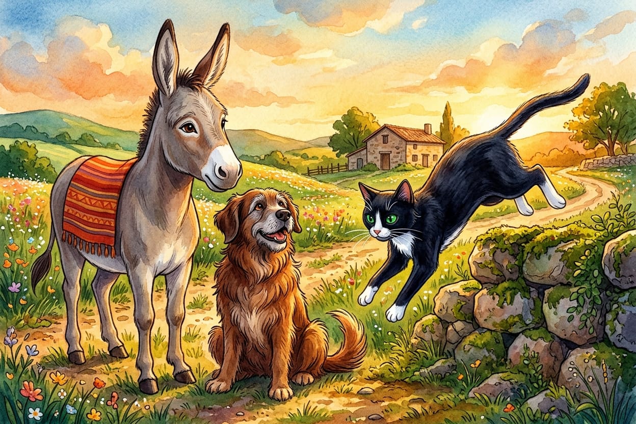 Uma gata preta de peito branco descendo de um muro de pedra ao lado de um burro e um cão