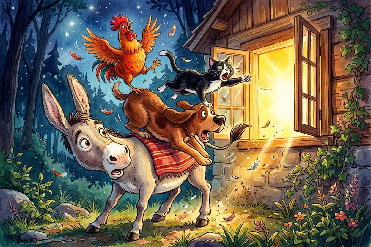 Um burro, um cão, uma gata e um galo empilhados em frente a uma janela iluminada na floresta
