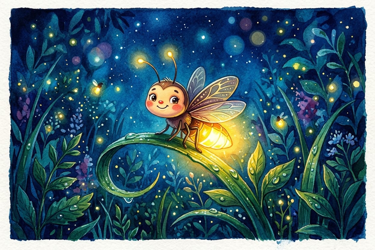 Um vaga-lume pequeno pousado numa folha de capim, com a luzinha acesa na noite azul