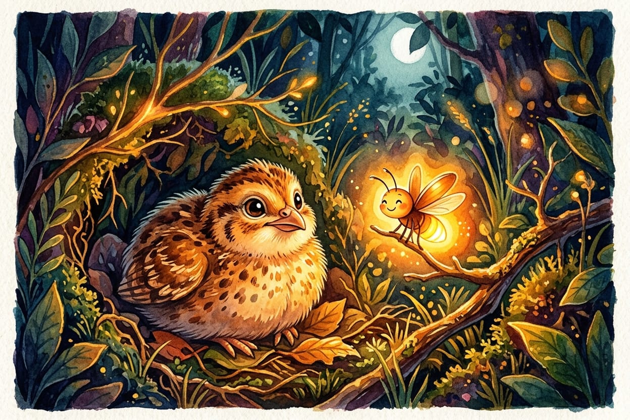 Um vaga-lume iluminando um filhote de codorna encolhido no mato escuro