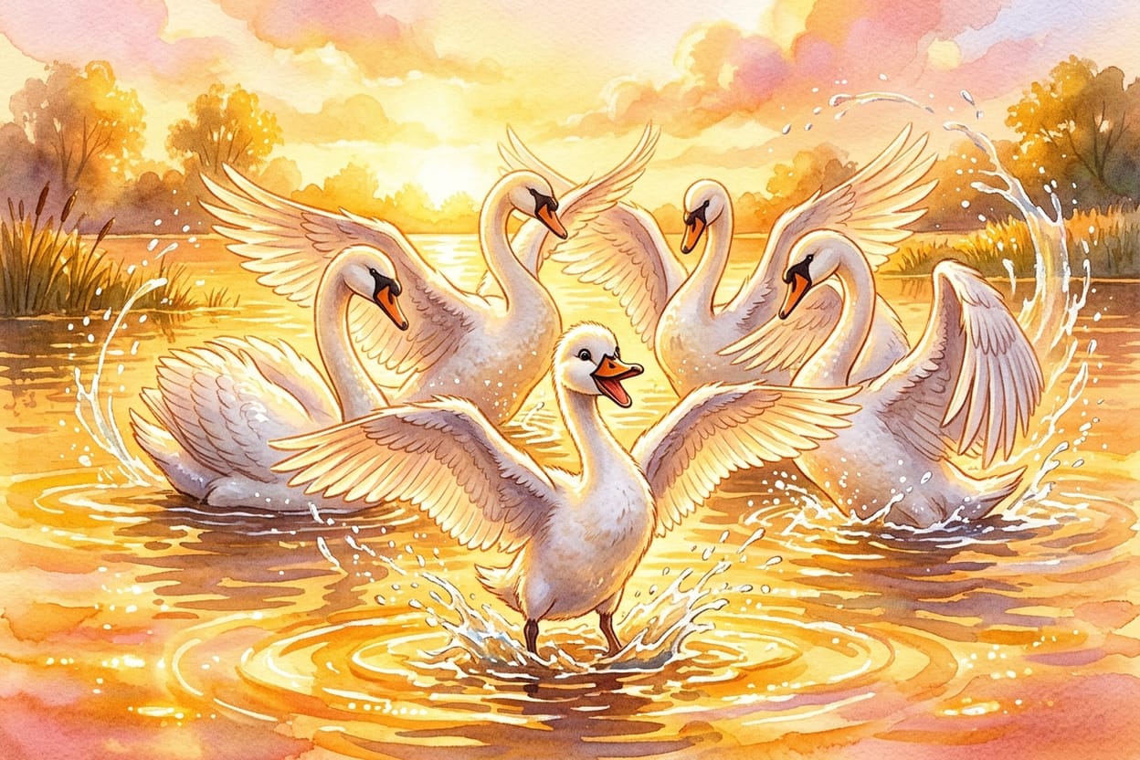 Os cisnes recebem o patinho de asas abertas
