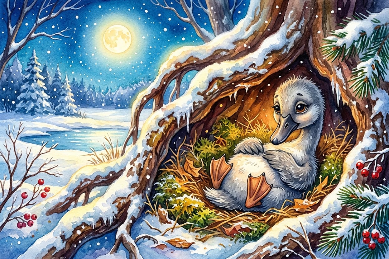 O patinho dorme encolhido entre raízes cobertas de neve